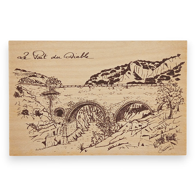 carte postale en bois sérigraphiée le pont du diable qui peut être envoyée par la poste avec un seul timbre
