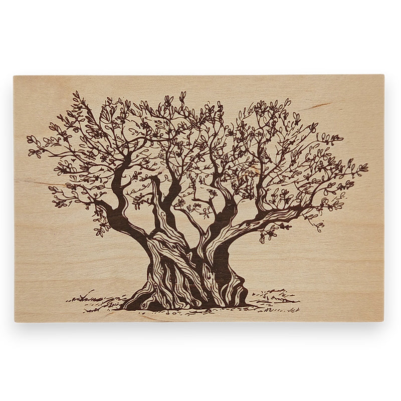 carte postale olivier en bois sérigraphiée  qui peut être envoyée par la poste avec un seul timbre